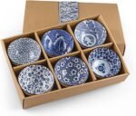 Ceramic Rice Bowls 10 oz,  Bowl Gift Set, Assorted Dinnerware Serving Bowls for Cereal, Soup, Dessert, Snack, Fruit, Salsa, Pack of 6 (Blue and White)