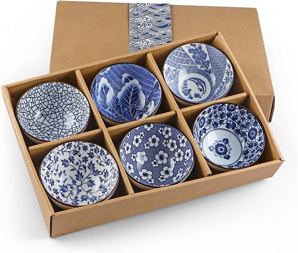 718KR8Xt6dL._AC_SL1024_.jpg Ceramic Rice Bowls 10 oz, Bowl Gift Set, Assorted Dinnerware Serving Bowls for Cereal, Soup, Dessert, Snack, Fruit, Salsa, Pack of 6 (Blue and White) - Image 1