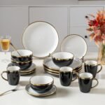 Black and Gold Ceramic Dinnerware Sets for 4, 16-Piece Luxury Plates and Bowls Sets with Gold Rim, Modern Dish Set for Wedding Christmas Anniversary, Crack Resistant | Dishwasher Safe (Black)