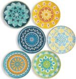 Dinner Plates Ceramic Plate Set - 10 Inch Large Porcelain Round Plate Sets of 6 - Flat Colorful Pattern Dining Plates for Kitchen | Family - Dishwasher | Microwave | Oven Safe