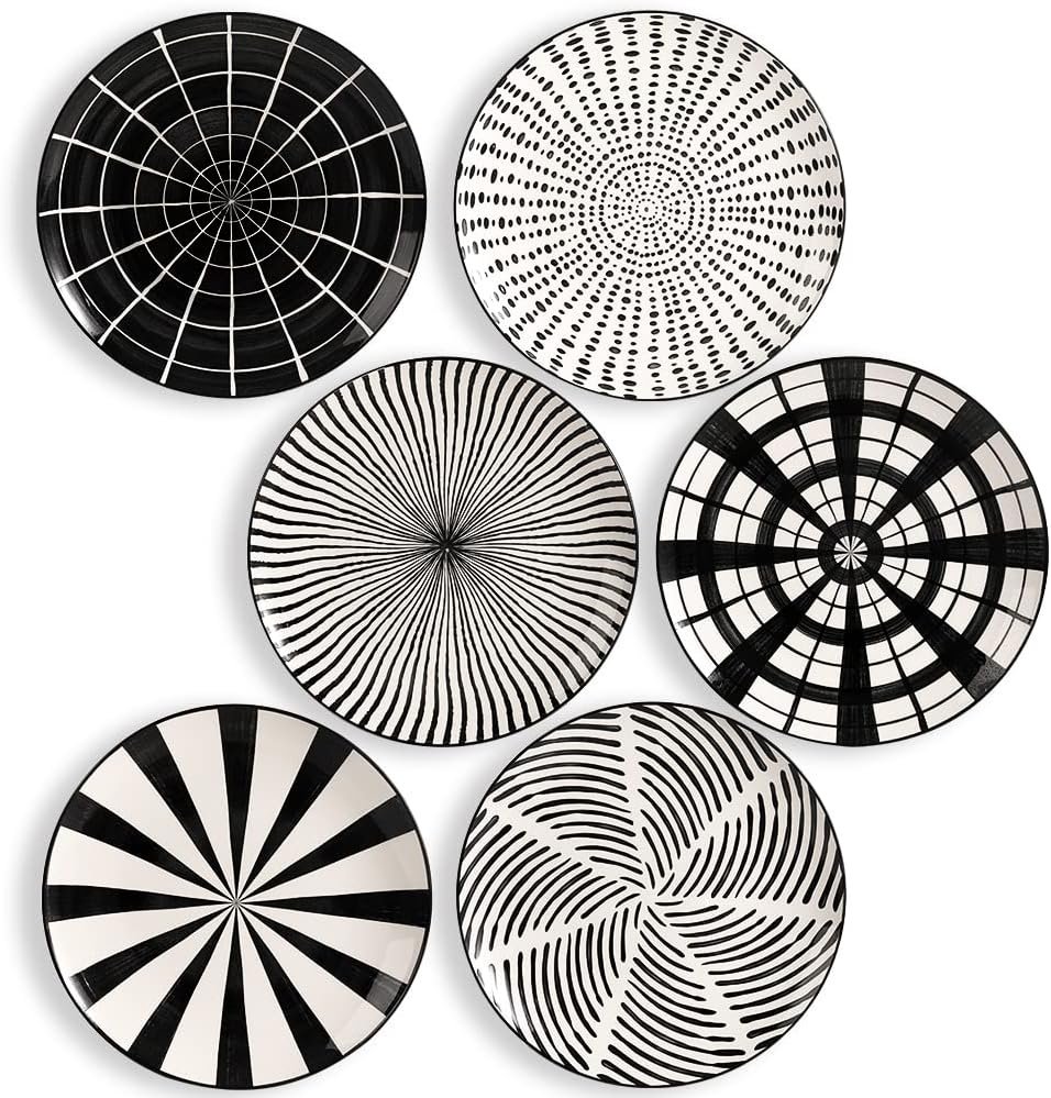71LOcWDt7L._AC_SL1000_.jpg Dinner Plates Ceramic Plate Set - 10 Inch Large Porcelain Round Plate Sets of 6 - Flat Modern Black Pattern Dining Plates for Kitchen | Family - Dishwasher | Microwave | Oven Safe - Image 1