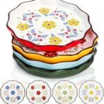 4 Pack Ceramic Dessert Plates, 7.5 Inch Small Floral Dinner Appetizer Plate, Lunch Salad Serving Dishes, Vintage Flat Pasta Bowl for Steak Fruit Pizza, Dishwasher & Microwave Safe