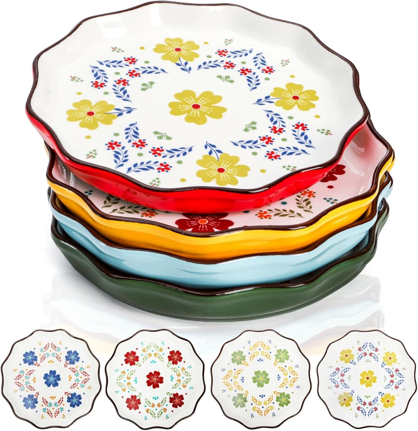 71kAKAtxYiL._AC_SL1500_.jpg 4 Pack Ceramic Dessert Plates, 7.5 Inch Small Floral Dinner Appetizer Plate, Lunch Salad Serving Dishes, Vintage Flat Pasta Bowl for Steak Fruit Pizza, Dishwasher & Microwave Safe - Image 1