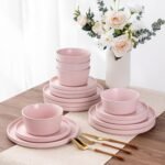 Ceramic Dinnerware Sets of 4, Modern Flat Stoneware Plates and Bowls Sets,Chip and Crack Resistant | Dishwasher & Microwave Safe Dishes Set,Scratch Resistant- Service for 4 (12pc)-Matte Pink