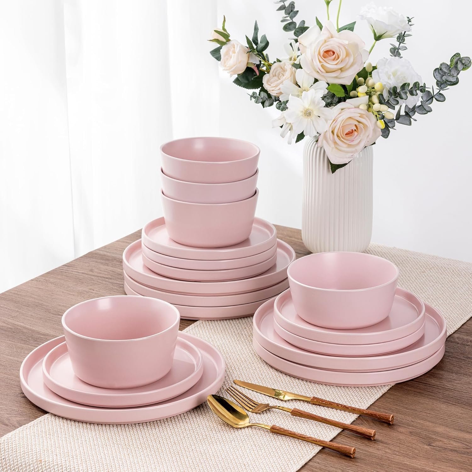 71sJ7oR5ehL._AC_SL1500_.jpg Ceramic Dinnerware Sets of 4, Modern Flat Stoneware Plates and Bowls Sets,Chip and Crack Resistant | Dishwasher & Microwave Safe Dishes Set,Scratch Resistant- Service for 4 (12pc)-Matte Pink - Image 1