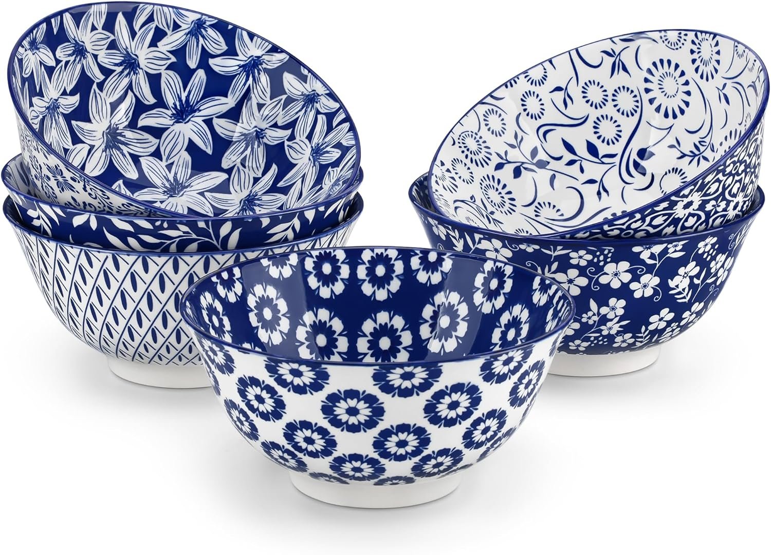 81HsiY8gPL._AC_SL1500_.jpg 24 oz Cereal Bowls set of 6, Ceramic Soup Bowls for Kitchen, Dishwasher & Microwave Oven Safe- for Cereal, Soup, Pasta, Salad, Blue & White Floral Design Bowl Set - Image 1