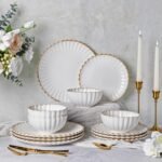 Stoneware Dinnerware Sets for 4,Handcrafted Embossed Design Reactive Glaze Ceramic Plates and Bowls, Dishwasher and Microwave Safe, Service for 4(12pcs),Pearl White