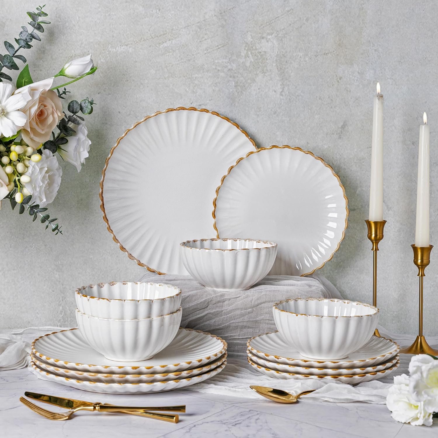81cTZsAjv3L._AC_SL1500_.jpg Stoneware Dinnerware Sets for 4,Handcrafted Embossed Design Reactive Glaze Ceramic Plates and Bowls, Dishwasher and Microwave Safe, Service for 4(12pcs),Pearl White - Image 1