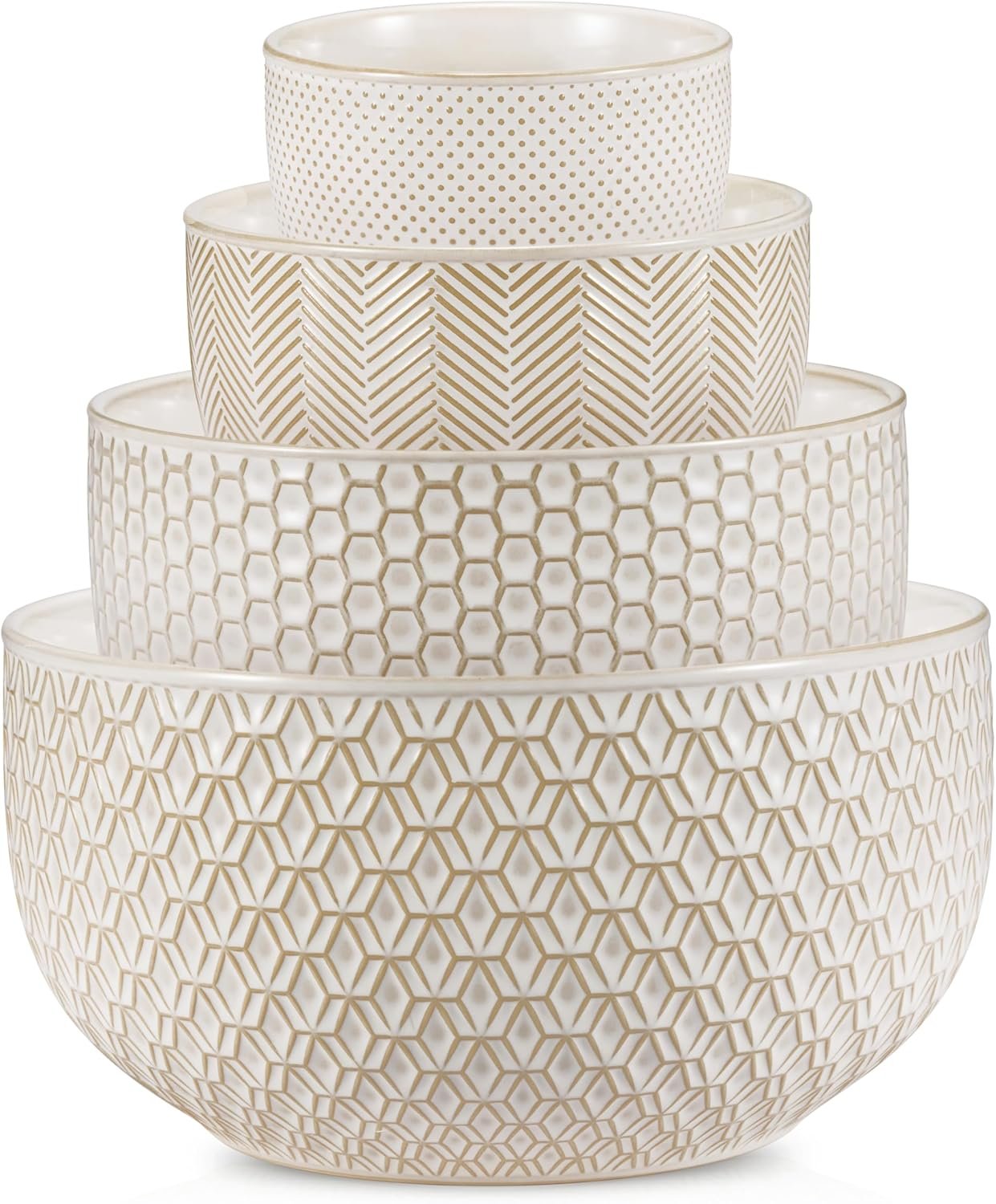 81lCbV1-kHL._AC_SL1500_.jpg Ceramic Mixing Bowls, Nesting Set of 4, Embossed Kitchen Dishware, Prep, Serving, Gift, Microwave and Dishwasher Safe, 20/44/98/145 oz, Narbonne Collection (Ivory) - Image 1