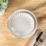 Stoneware Dinnerware Sets for 4,Handcrafted Embossed Design Reactive Glaze Ceramic Plates and Bowls, Dishwasher and Microwave Safe, Service for 4(12pcs),Pearl White - Image 2